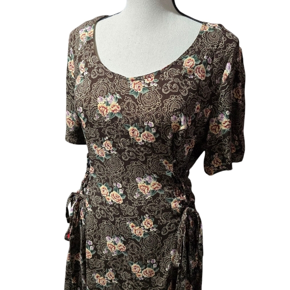 Vintage Floral Brown Tie Hips Front Midi Sundress - Picture 8 of 11